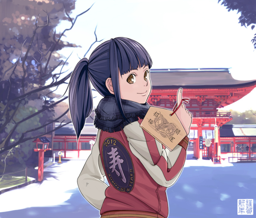 2012, black_hair, brown_eyes, chanpii, copyright_request, ema, hirarin0110, new_year, ponytail, scarf, smile, solo