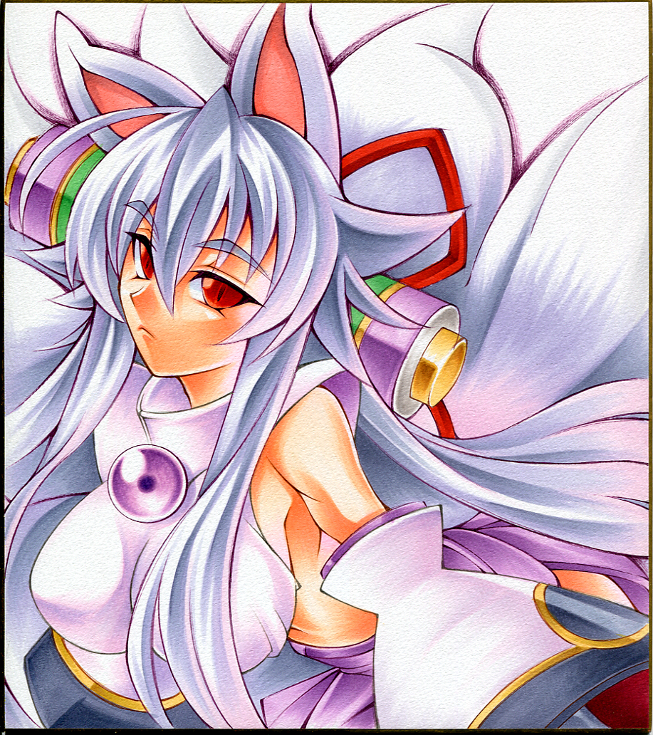 ahoge, animal_ears, bent_over, calnarsa, detached_sleeves, fox_ears, fox_tail, izuna_(shinrabanshou)
