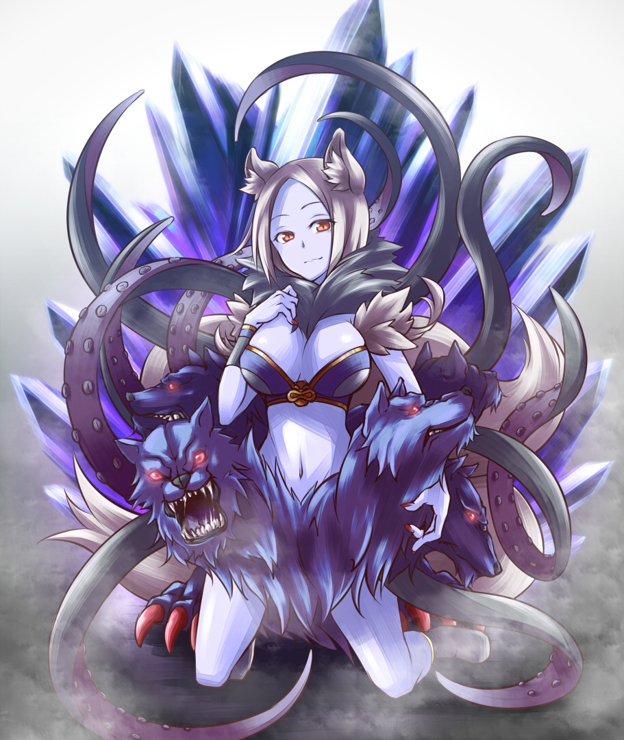 animal_ears, bad_id, blue_skin, bracer, breasts, claws, dog_ears, glowing, glowing_eyes, heripu, kneeling, large_breasts, light_smile, midriff, monster_girl, multiple_heads, multiple_tails, nail_polish, navel, red_eyes, saliva, scylla, scyllei, sharp_teeth, shinrabanshou, shoes, silver_hair, solo, tail, tentacle, tentacles, wolf