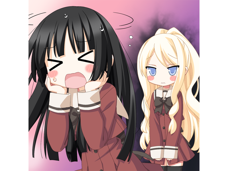 >_<, 2girls, black_hair, blonde_hair, blue_eyes, blush, blush_stickers, buttons