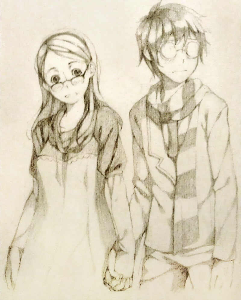 1boy, 1girl, couple, embarrassed, glasses, hand_holding, holding_hands, kamifish