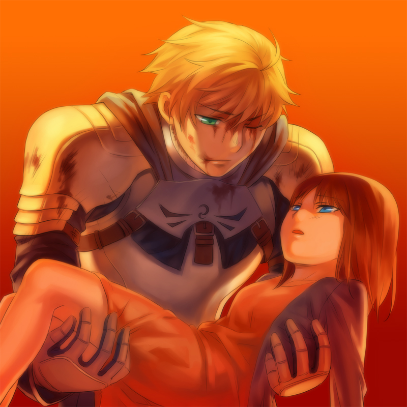 1girl, armor, blonde_hair, blood, blood_on_face, blue_eyes, brown_hair, carrying