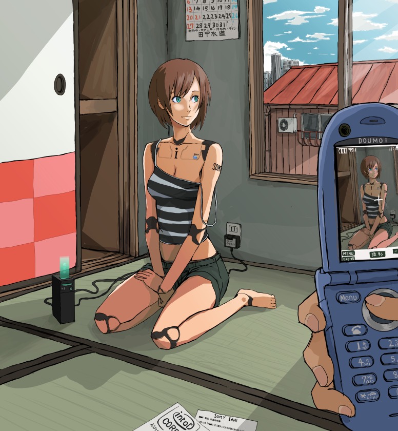 barefoot, brand_name_imitation, breasts, calendar_(object), cellphone, cellphone_camera, cleavage, intel