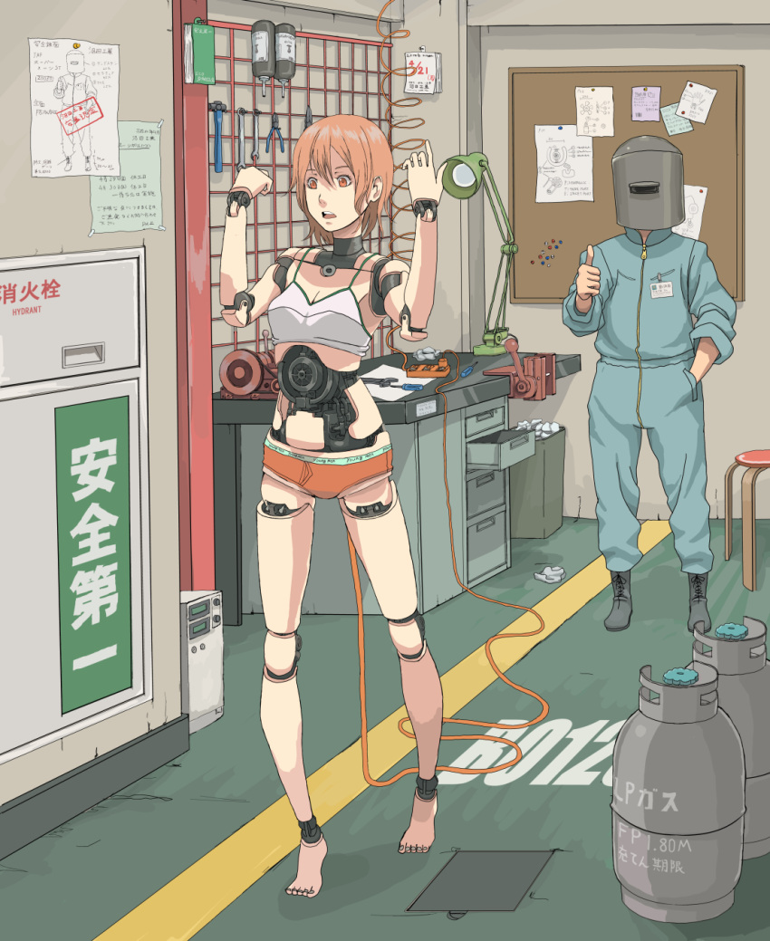 barefoot, cable, hand_in_pocket, highres, jittsu, lamp, midriff, open_mouth, orange_eyes, orange_hair, original, panties, pliers, plug, power_cord, robot_joints, schematics, short_hair, thumbs_up, translated, translation_request, underwear, vise, vise_clamp, welding_mask, workshop, wrench