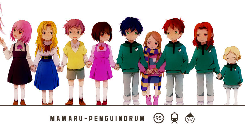 5boys, 5girls, blonde_hair, blue_hair, brown_hair, child, dress, everyone