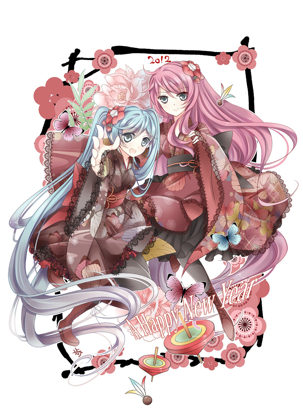 2girls, ayumaru_(art_of_life), bad_id, blue_hair, boots, butterfly, camellia_(flower), flower