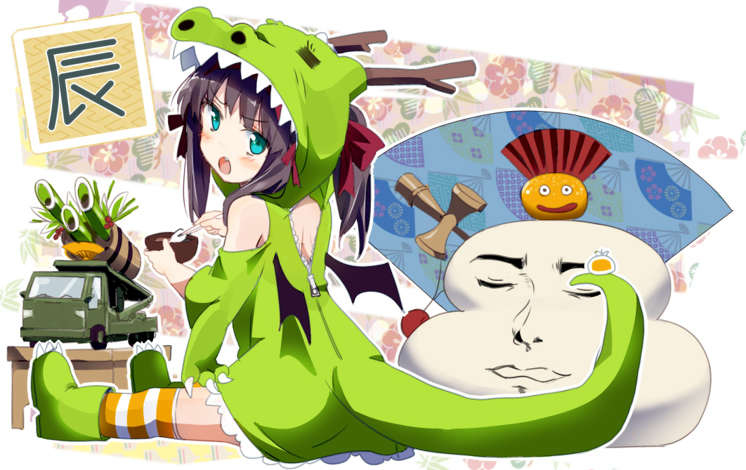 :o, animal_costume, aqua_eyes, bamboo, black_hair, blush, boots, bowl