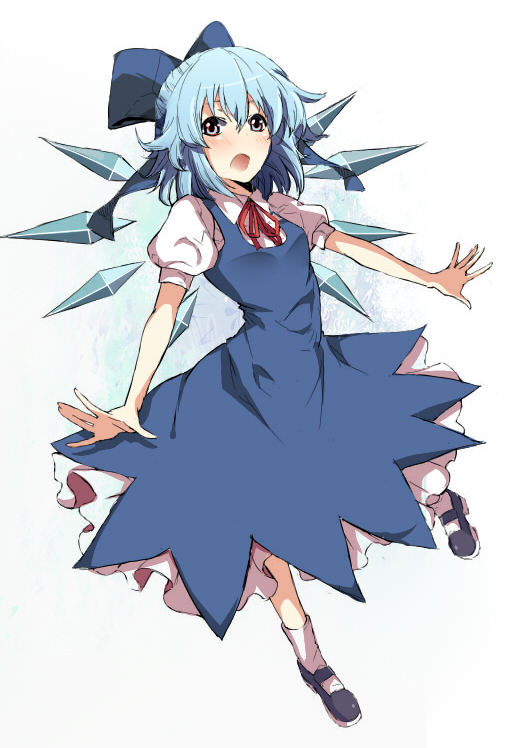 bad_id, blue_eyes, blue_hair, blush, bow, cirno, dress, hair_bow