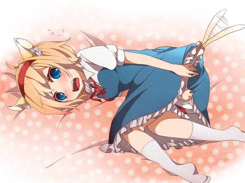 alice_margatroid, animal_ears, blonde_hair, bloomers, blue_dress, blue_eyes, blush, cat_ears