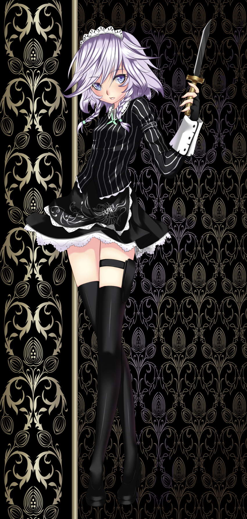 absurdres, alternate_costume, apron, arm_up, black_gloves, black_legwear, blue_eyes, braid, crossed_legs_(standing), floral_print, gloves, hair_ribbon, highres, holster, izayoi_sakuya, knife, koumajou_densetsu, maid, maid_headdress, ribbon, shirt, silver_hair, skirt, solo, sphere_(graham), thigh-highs, thighhighs, throwing_knife, touhou, twin_braids, weapon, zettai_ryouiki