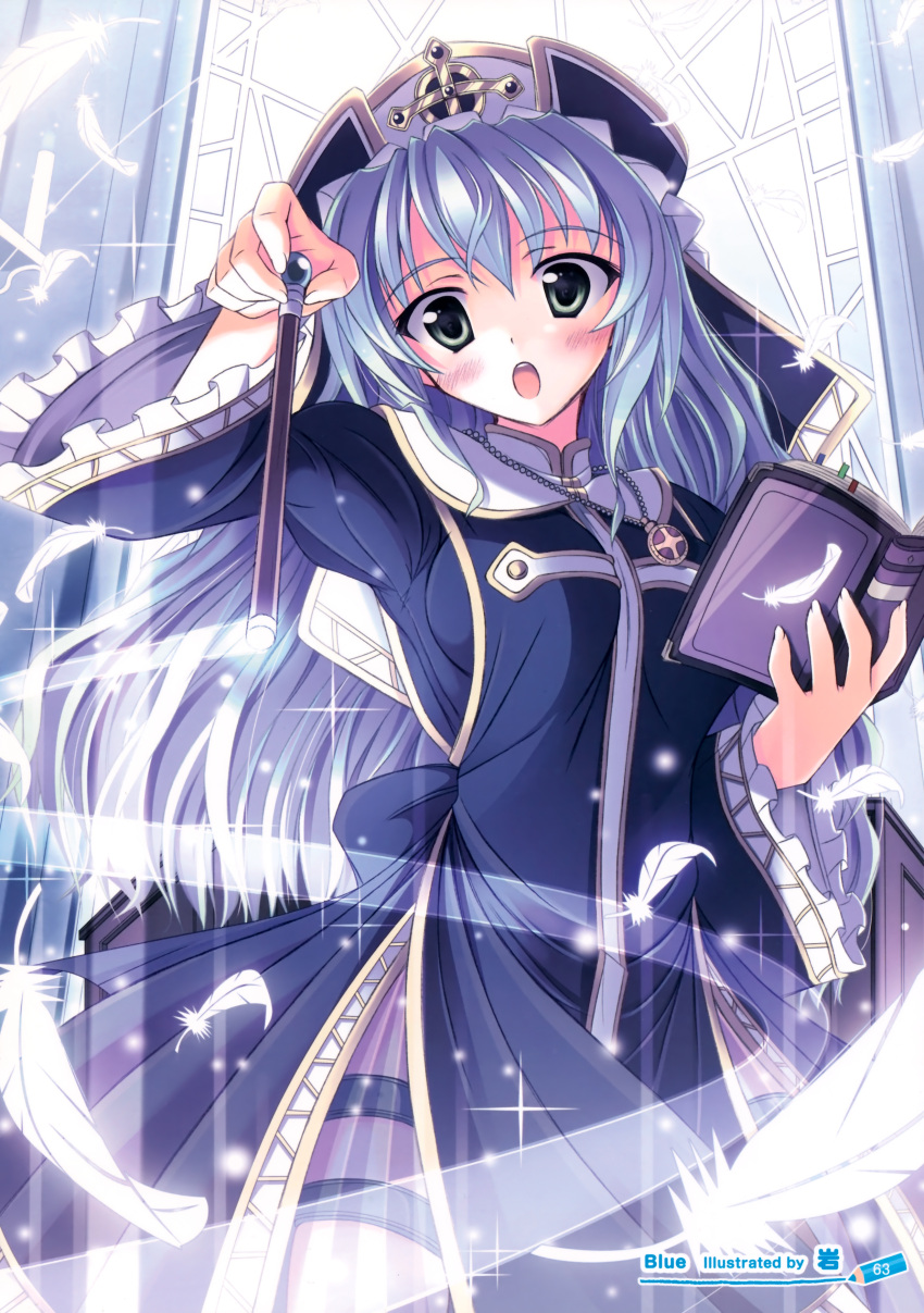:o, absurdres, blue_hair, blush, book, copyright_request, duplicate, feathers