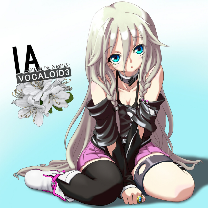 bare_shoulders, blonde_hair, blue_eyes, boots, braid, choker, danbora, ia_(vocaloid), long_hair, looking_at_viewer, open_mouth, silver_hair, single_thighhigh, sitting, skirt, solo, thigh-highs, thigh_strap, thighhighs, twin_braids, very_long_hair, vocaloid