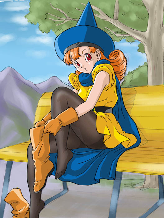 belt, bench, black_legwear, boots, cape, dragon_quest, dragon_quest_iv, feet