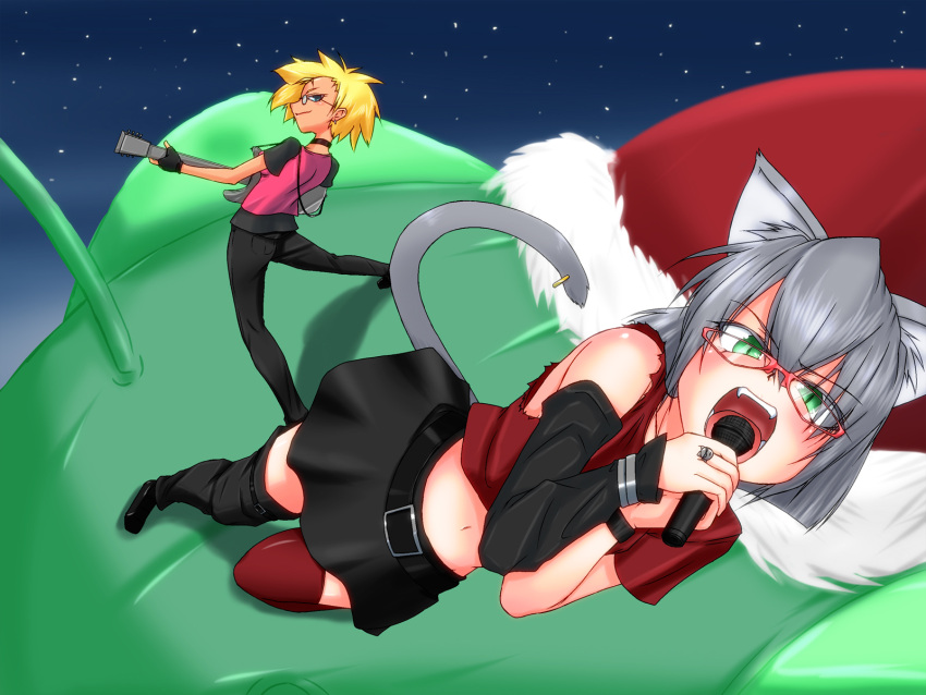 animal_ears, ashcape, asymmetrical_clothes, asymmetrical_clothing, bare_shoulders, belt, blonde_hair, cat_ears, cat_tail, detached_sleeves, earrings, glasses, green_eyes, grey_hair, guitar, hat, highres, instrument, jewelry, looking_back, microphone, midriff, multiple_girls, navel, open_mouth, original, pierced_tail, red-framed_glasses, santa_hat, short_hair, singing, skirt, smile, tail, tail_ring, thigh-highs, thighhighs