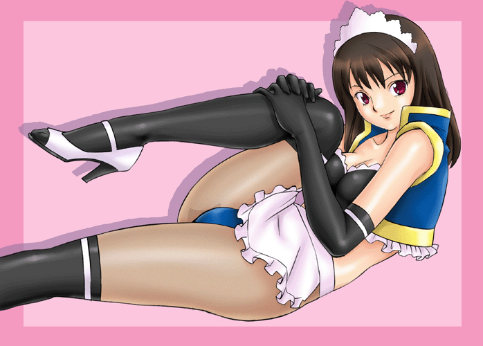 bare_shoulders, black_legwear, breasts, brown_hair, elbow_gloves, gloves, high_heels, leona_asuka