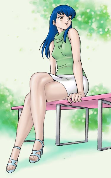 bare_shoulders, bench, blue_hair, breasts, brown_eyes, crossed_legs, fashion, high_heels