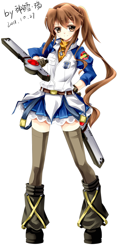 2011, belt, boots, brown_eyes, brown_hair, brown_legwear, dated, dual_wielding