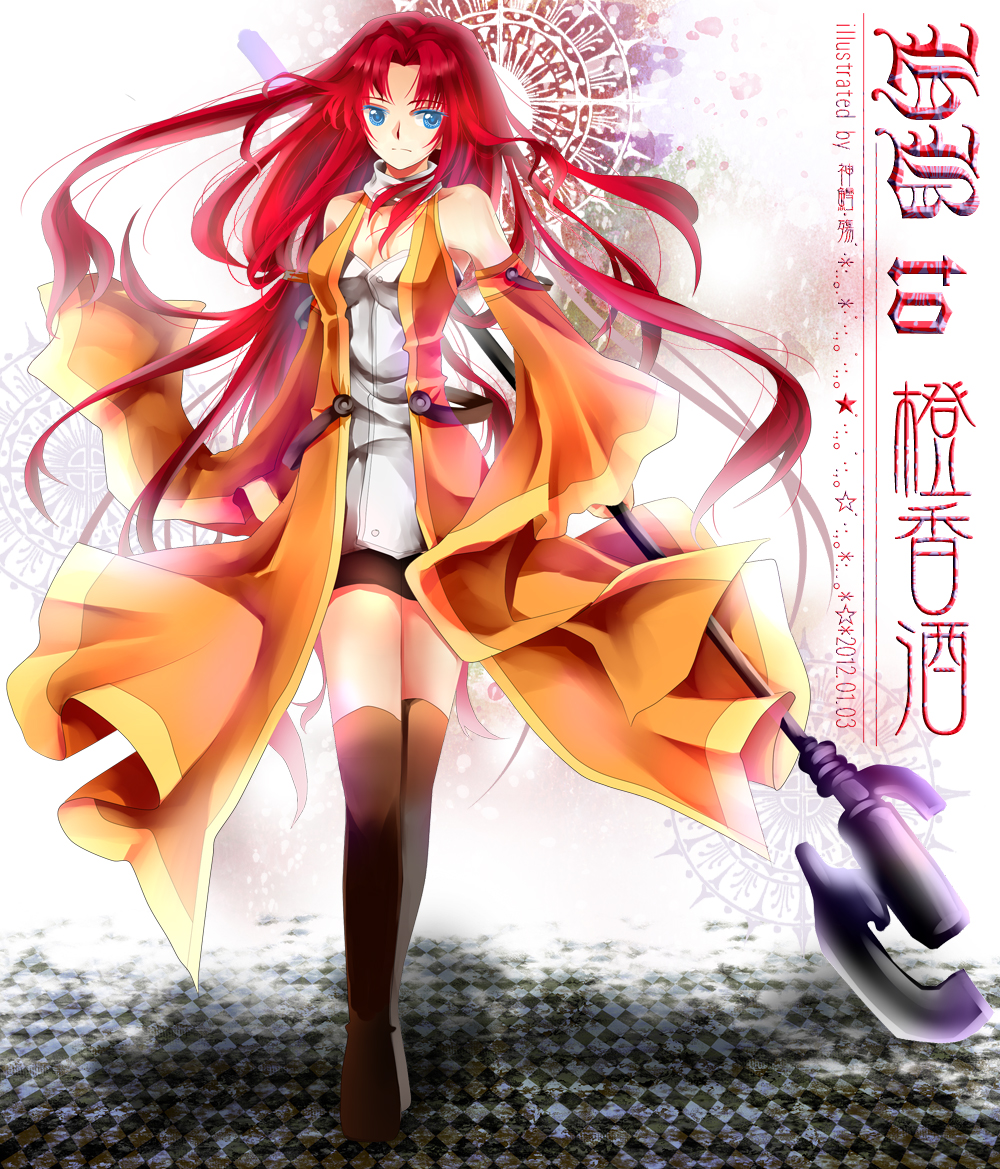 black_legwear, blue_eyes, boots, coat, detached_sleeves, eiyuu_densetsu, falcom, genderswap, long_hair, randy_orlando, red_hair, redhead, skirt, solo, thigh-highs, thigh_boots, thighhighs, willfin, zero_no_kiseki