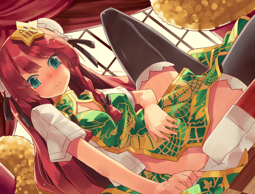 alternate_costume, black_legwear, blue_eyes, blush, braid, breasts, bun_cover, chinese_clothes