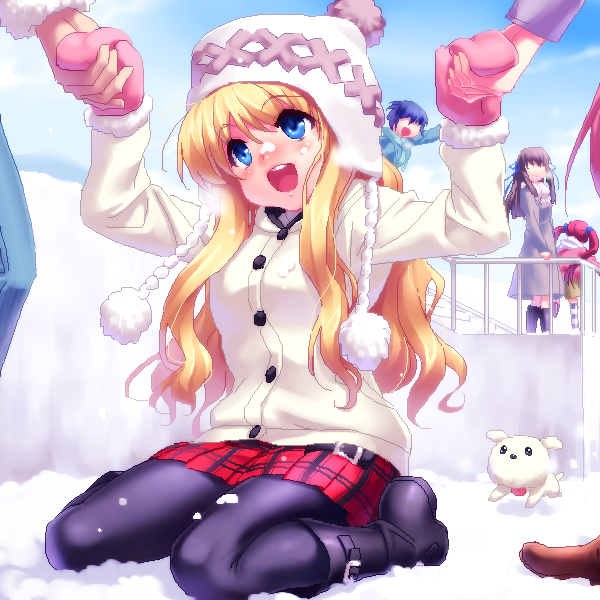 blush, character_request, dog, hand_holding, hat, holding_hands, kamio_misuzu, kirishima_kano, michiru_(air), mittens, multiple_girls, pantyhose, plaid, plaid_skirt, potato_(air), skirt, snow, toono_minagi, zen