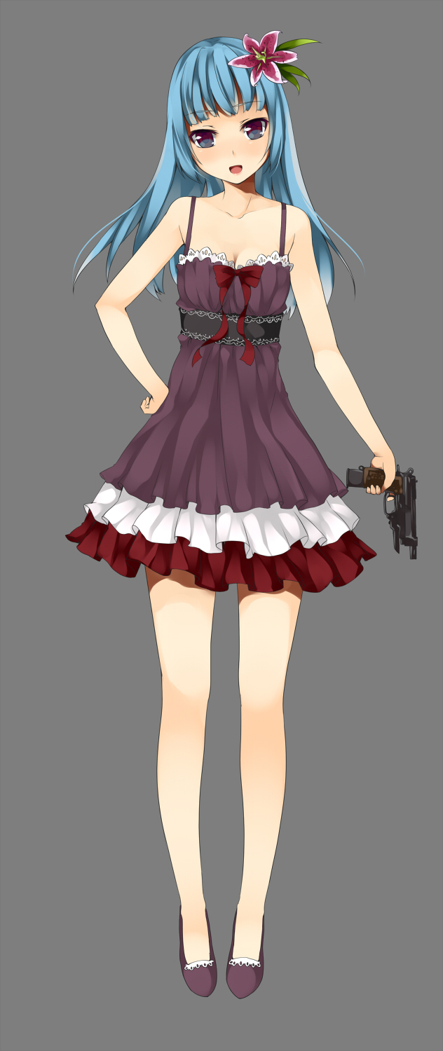 bare_legs, bare_shoulders, beretta_93r, blue_eyes, blue_hair, breasts, cleavage, dress