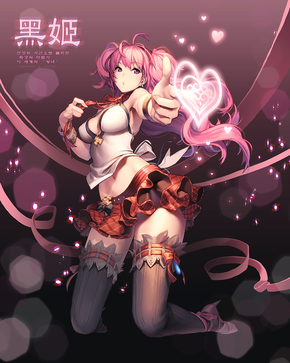 black_legwear, bow, breasts, camisole, cleavage, dp(trising), earrings, finger_gun, foreshortening, frilled_skirt, frills, gathers, hands, heart, high_heels, jewelry, kkuem, kneeling, korean, midriff, miniskirt, navel, original, pink_eyes, pink_hair, plaid, plaid_skirt, shoes, skirt, thigh-highs, thighhighs, thumbs_up, translated, translation_request, trising, twintails, zettai_ryouiki