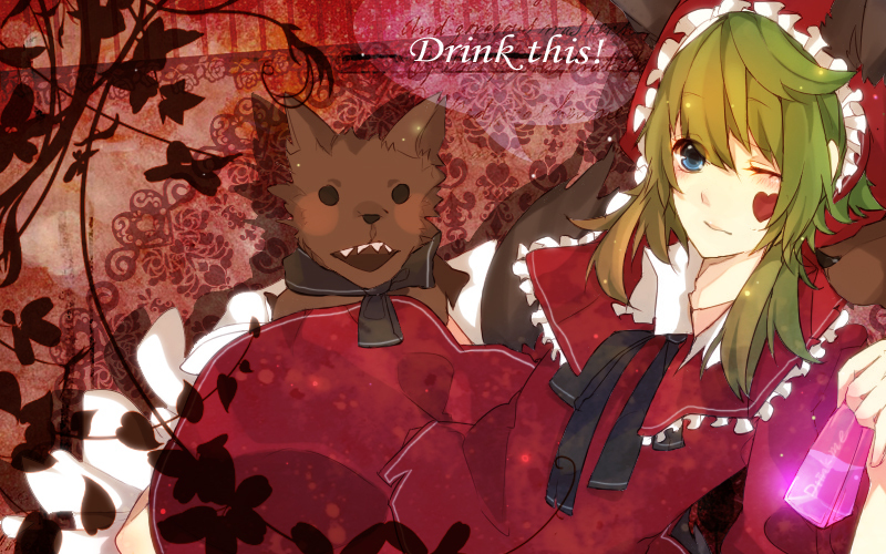 animal_ears, blue_eyes, bonnet, bottle, cosplay, dress, frills, green_hair, gumi, hiiro, kemonomimi_mode, little_red_riding_hood, little_red_riding_hood_(cosplay), little_red_riding_hood_(grimm), short_hair, solo, stuffed_animal, stuffed_toy, vocaloid, wink, wolf, wolf_ears