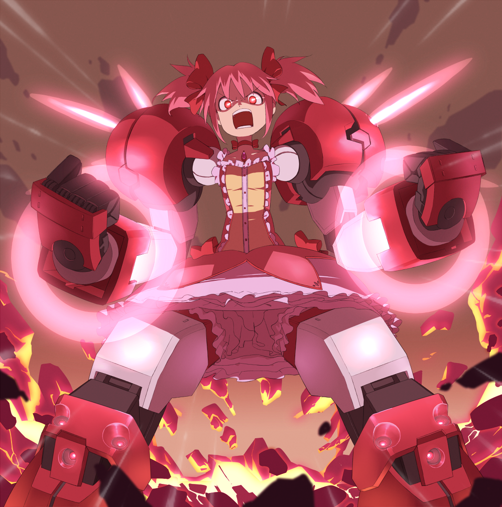 angry, bloomers, bow, bubble_skirt, choker, d:<, dress, fighting_stance, fusion, gundam, gundam_age, gundam_age-1, gundam_age-1_titus, hair_bow, kaname_madoka, magical_girl, mahou_shoujo_madoka_magica, mecha_musume, mechanical_arms, mechanical_legs, parody, pink_hair, red_eyes, robot_arms, robotic_arms, short_hair, short_twintails, solo, standing, tt_(poposujp), twintails