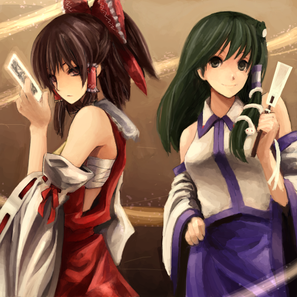 ascot, blush, bow, breasts, brown_eyes, brown_hair, detached_sleeves, frog, gohei, green_eyes, green_hair, hair_bow, hair_tubes, hakurei_reimu, kanaa_(apple_tea_z), kochiya_sanae, long_hair, miko, multiple_girls, ofuda, ribbon, sarashi, short_hair, skirt, smile, snake, touhou