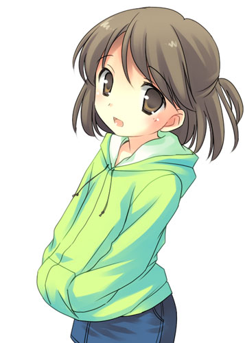 brown_eyes, brown_hair, child, copyright_request, denim_skirt, hands_in_pockets, hoodie, looking_at_viewer