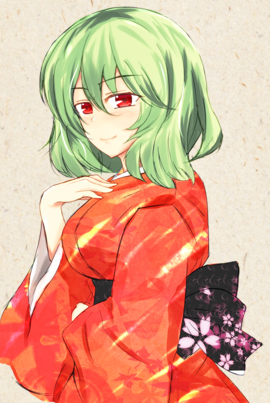 breasts, floral_print, green_hair, highres, hyaa, japanese_clothes, kazami_yuuka, kimono