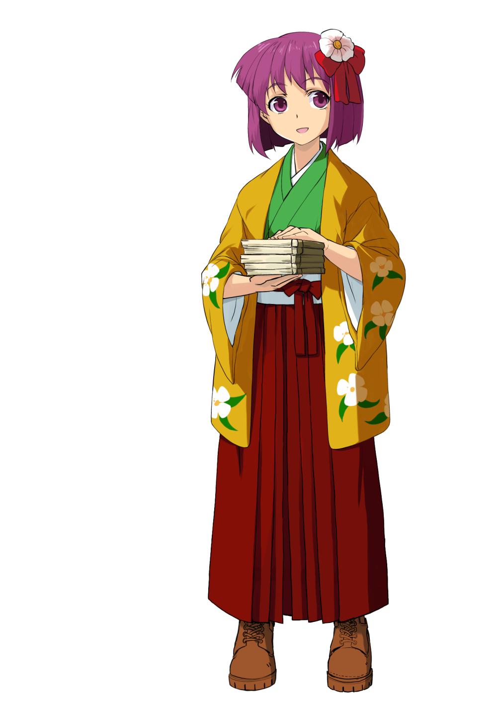 book, book_stack, boots, flower, hair_flower, hair_ornament, haori, hieda_no_akyuu