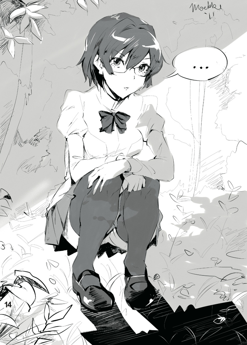 1girl, artbook, forest, glasses, hakamichi_shizune, highres, katawa_shoujo, mary_janes
