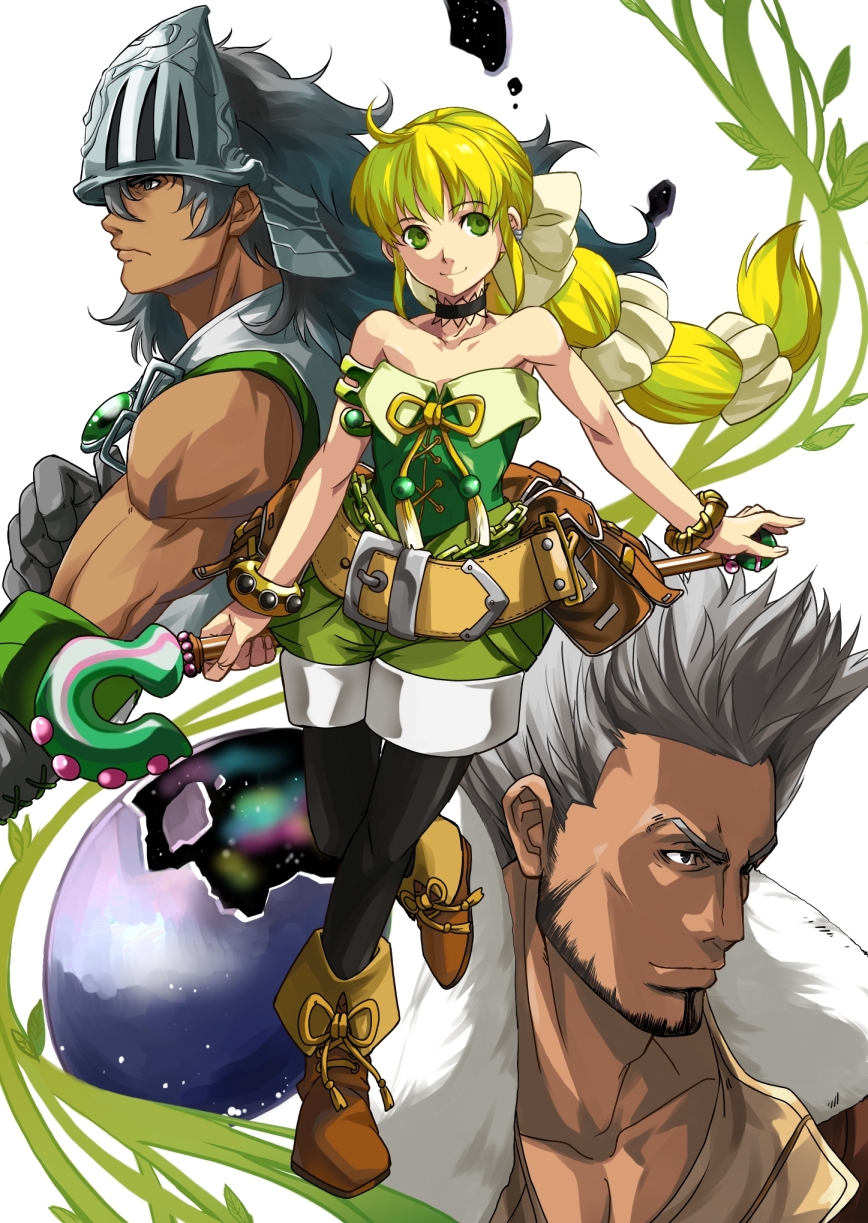 2boys, age_difference, armor, bag, bare_shoulders, belt, black_hair, black_legwear