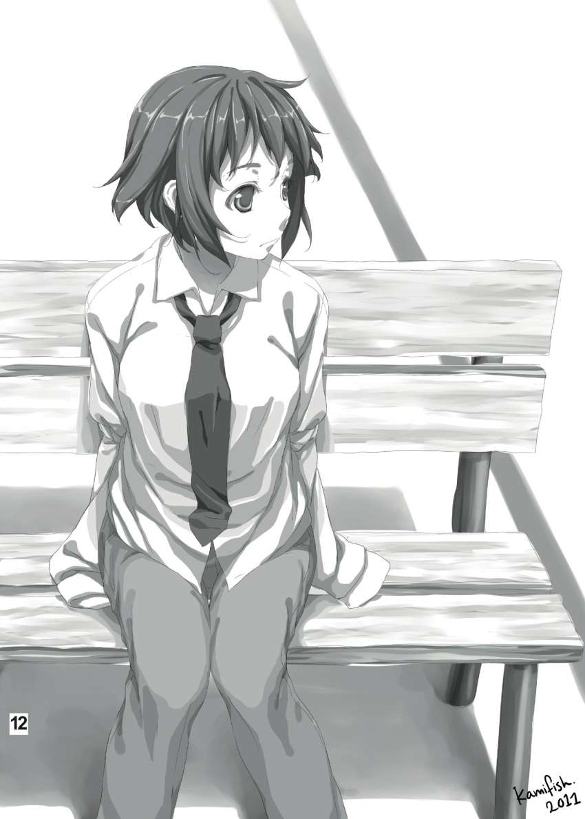 amputee, artbook, bench, highres, kamifish, katawa_shoujo, knees_together_feet_apart, knees_together_feet_together