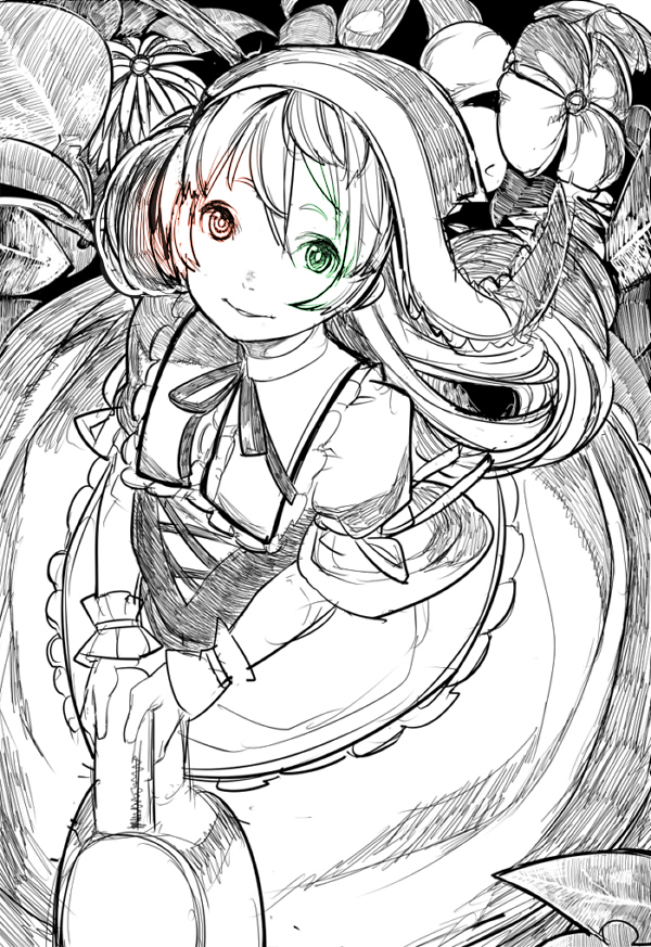 dress, frills, green_eyes, heterochromia, long_hair, monochrome, red_eyes, rozen_maiden