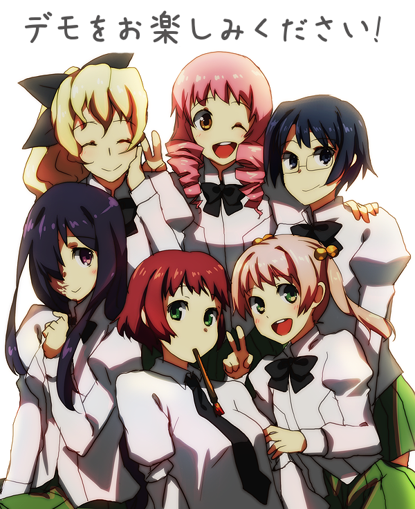6+girls, 6girls, amputee, black_hair, blind, blonde_hair, blue_eyes, blush