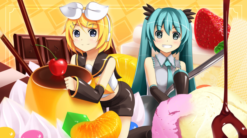 aqua_eyes, aqua_hair, blonde_hair, blue_eyes, cherry, chocolate, dessert, detached_sleeves