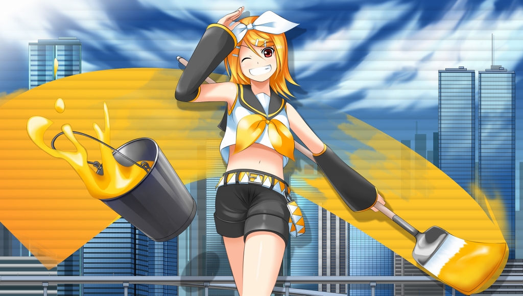 bucket, cityscape, grin, hair_ornament, hair_ribbon, hairclip, kagamine_rin, navel