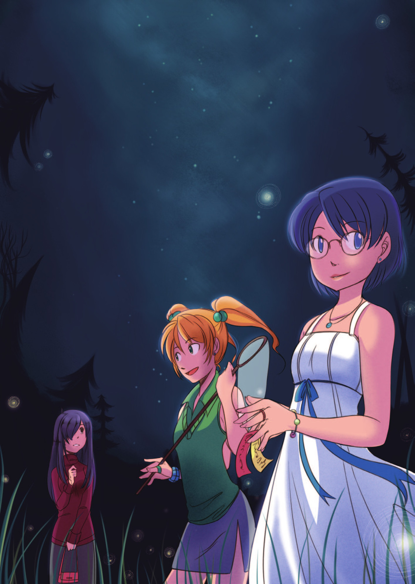 artbook, bare_shoulders, blue_eyes, blue_hair, bracelet, bug_hunting, bug_net, casual, charmwitch, commentary, dress, flat_chest, glasses, green_eyes, hair_bobbles, hair_ornament, hair_over_one_eye, hakamichi_shizune, highres, ibarazaki_emi, ikezawa_hanako, jewelry, jpeg_artifacts, katawa_shoujo, long_skirt, multiple_girls, necklace, official_art, orange_hair, ring, short_hair, short_twintails, skirt, sky, star_(sky), starry_sky, sweater, sweater_vest, twintails, v-neck, white_dress