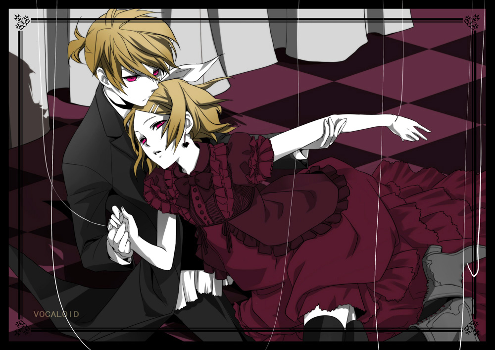 1girl, dress, hair_ornament, hairclip, kagamine_len, kagamine_rin, kumano_yuzuko, short_hair