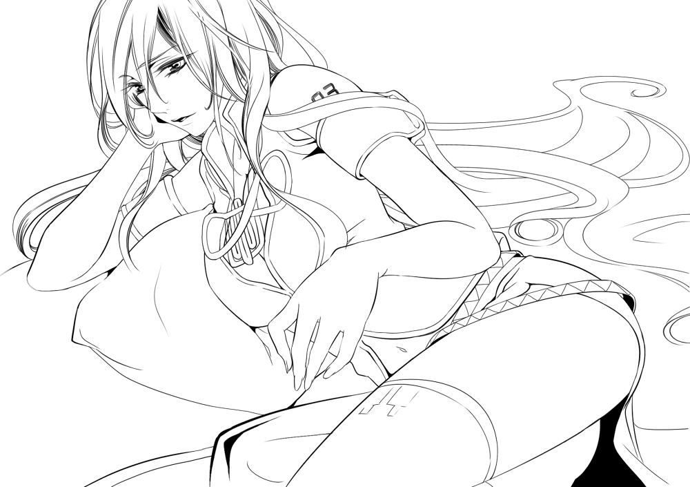 kumano_yuzuko, lineart, long_hair, megurine_luka, monochrome, solo, very_long_hair, vocaloid