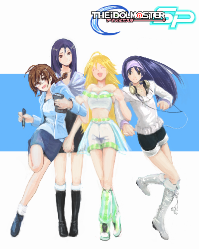 ahoge, akizuki_ritsuko, antenna_hair, bare_shoulders, black_hair, blonde_hair, blue_hair, book, boots, braid, brown_hair, closed_eyes, crescent, eyes_closed, glasses, hairband, headset, holding, holding_book, hoshii_miki, idolmaster, kanaa_(apple_tea_z), kisaragi_chihaya, leg_up, long_hair, lowres, midriff, miura_azusa, moon, multiple_girls, navel, oekaki, open_mouth, single_braid, skirt, smile, title_drop