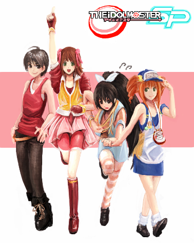 ahoge, amami_haruka, arm_up, bare_shoulders, bike_shorts, black_hair, bow, brown_hair