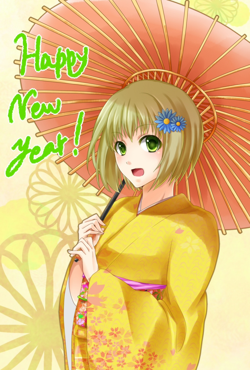2012, blonde_hair, flower, green_eyes, hair_ornament, hairclip, highres, huang_baoling