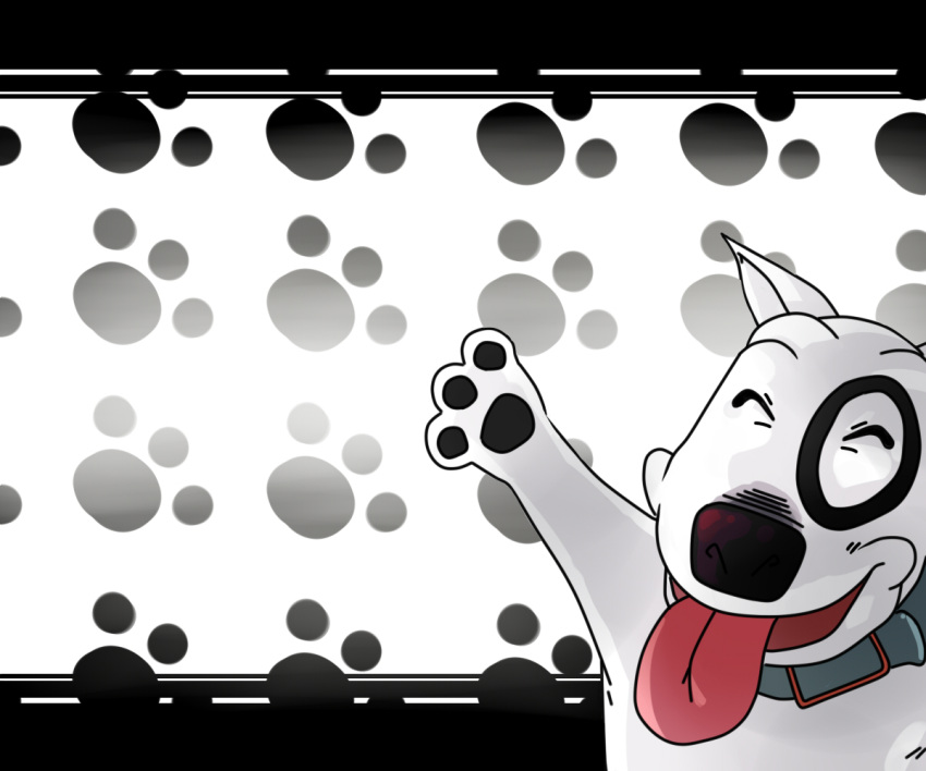 :p, ^_^, closed_eyes, collar, dog, eyes_closed, no_humans, paw_print