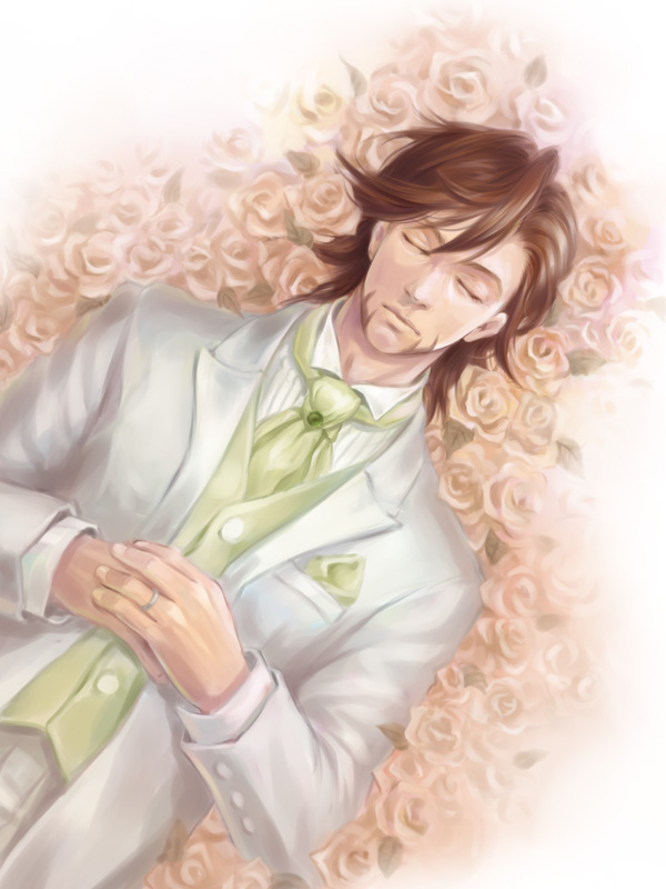 b_ribbon, bed_of_roses, brown_hair, facial_hair, flower, formal, jewelry, kaburagi_t_kotetsu