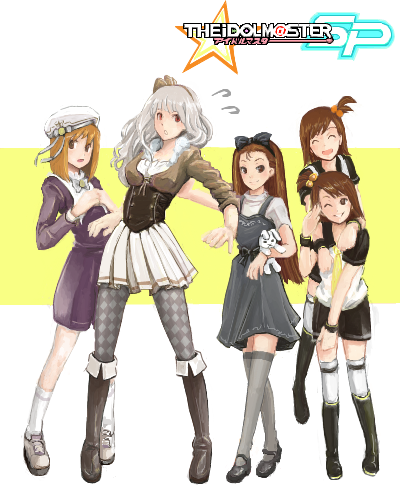 4girls, black_legwear, boots, breasts, brown_hair, closed_eyes, dress, eyes_closed, flying_sweatdrops, footwear, futami_ami, futami_mami, grin, hagiwara_yukiho, hair_bobbles, hair_ornament, hair_ribbon, hat, holding, idolmaster, kanaa_(apple_tea_z), large_breasts, leaning_forward, long_hair, lowres, minase_iori, multiple_girls, oekaki, open_mouth, pantyhose, ribbon, salute, shijou_takane, shijou_tsukasa, short_hair, short_ponytail, siblings, side_ponytail, silver_hair, sisters, smile, socks, star, stuffed_animal, stuffed_toy, sweatdrop, thigh-highs, thighhighs, title_drop, twins, wavy_hair, wink