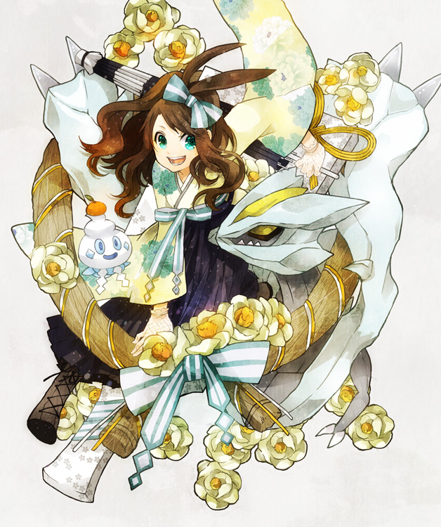 1girl, :d, alternate_hairstyle, blue_eyes, boots, bow, brown_hair, buzz