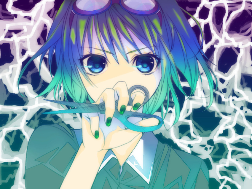 bad_id, colored, goggles, goggles_on_head, gumi, mosaic_roll_(vocaloid), onigiri_tabeyou, scissors, solo, vocaloid